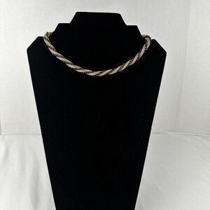 Vintage Woven Metal Rounded Gold Tone Chain and Black Beaded Twist Necklace